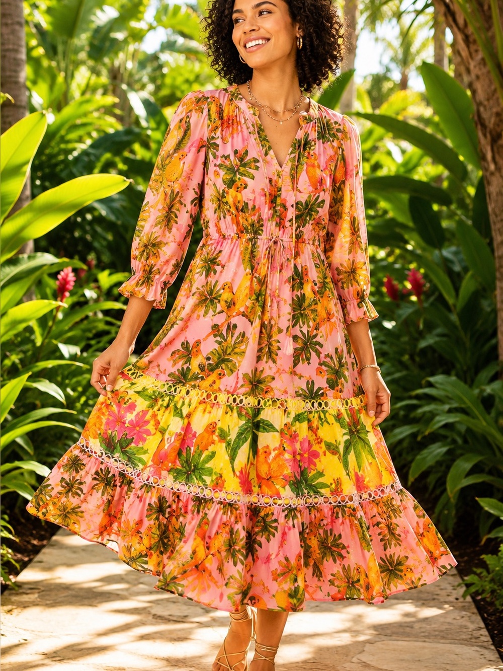 Farm Rio Tropical Parrot Floral Midi Dress Pink Beaded Tassel Tie XS